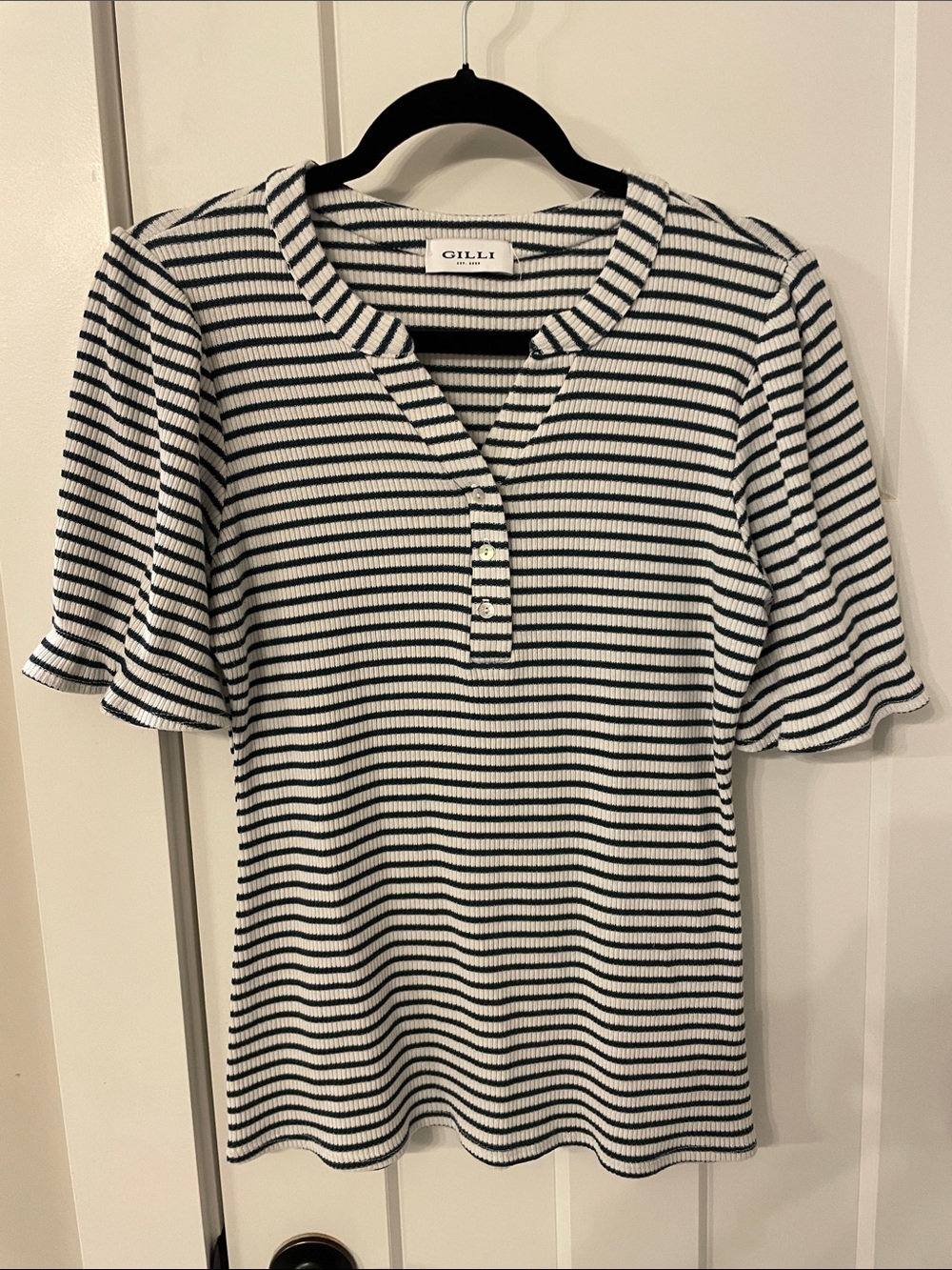 Gilli Teal Green & White Striped Ribbed Henley Tee